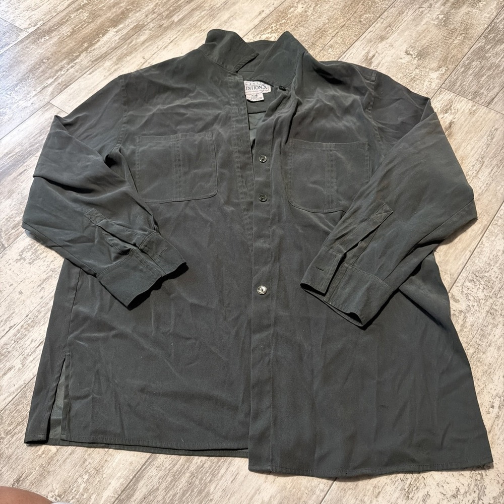 Basic Editions Women Size XL Olive Green Long Sleeve Silk Button Down Blouse
